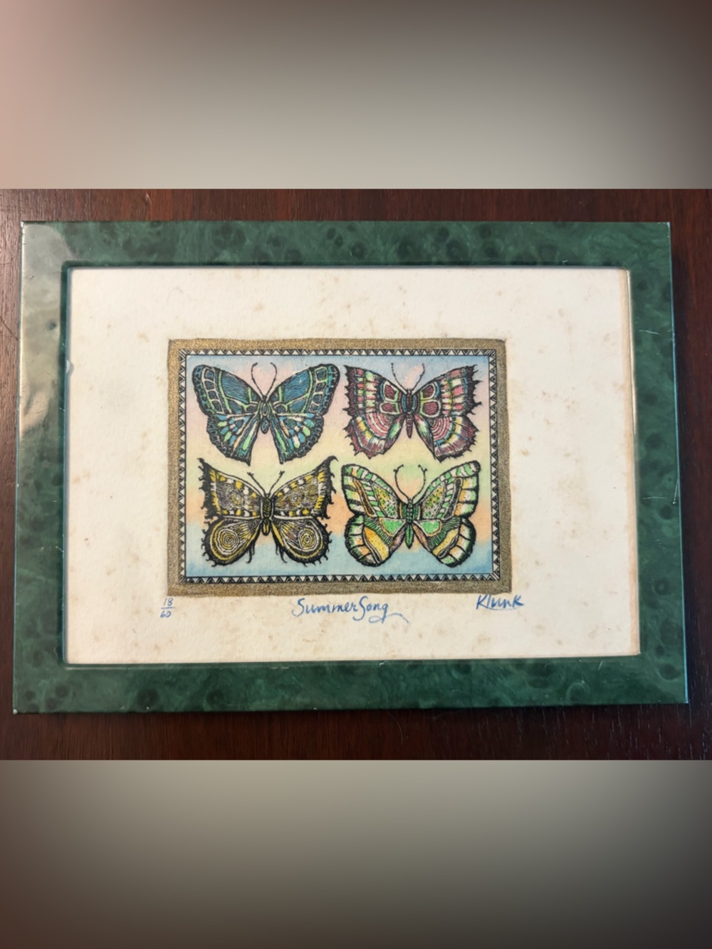 Robert Klunk Signed Vintage Summer Song Butterfly Hand Colored 8/60 Etching Art